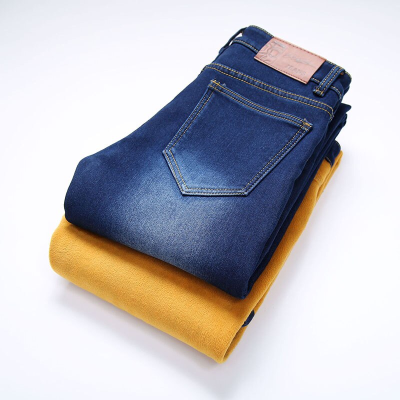 Tangyaxuan tykke mænd vinter stretch jeans varm fleece mænd klassiske jeans mænd blå denim jean bukser størrelse 27-36: 32