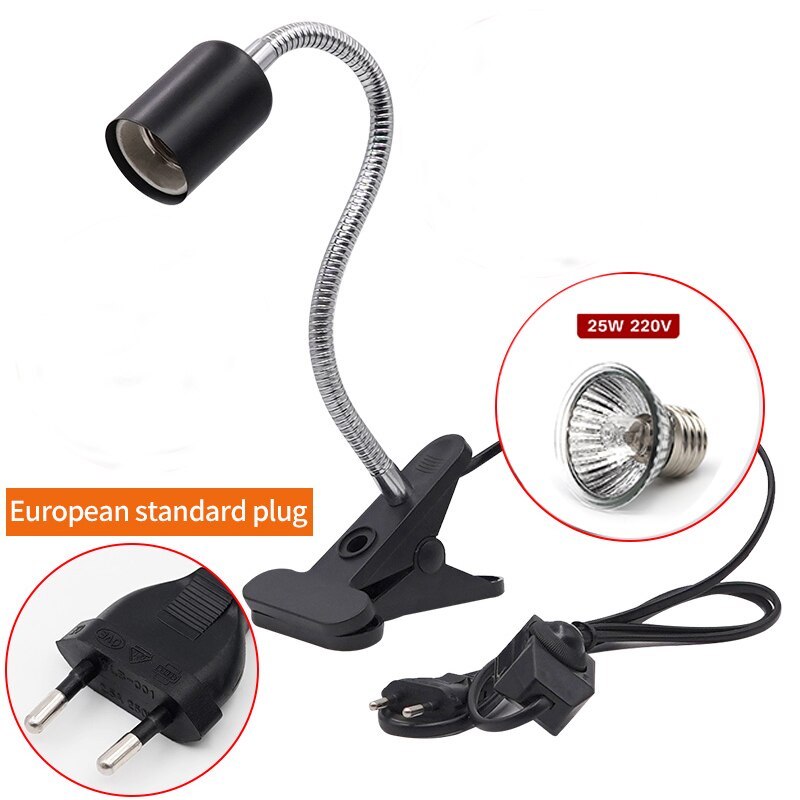 Uva/uvb E27 Pet Reptile Aquarium Heat Lamp Clip-On Bulb Adjustab Holder Tortoises Basking Uv Heating Lamp Kit for Lizard Turtle: EU holder and 25w