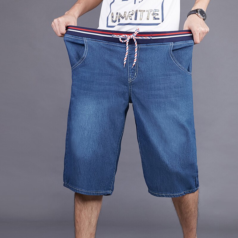 Summer Men's Bermuda Straight Denim Shorts Business Casual Elastic Waist Drawstring Jeans Shorts Plus Size 55 56 58