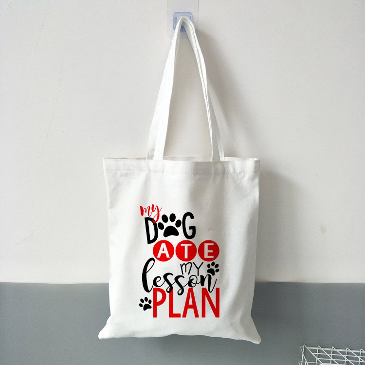 Fun Teacher for Teacher Dog Ate Lesson Plan Printed Canvas Bag Teacher Tote Bags Book Bag Teacher Appreciation: B0602-TBWH-M-