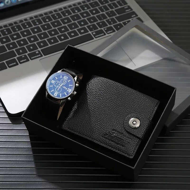 Herreure quartz armbåndsur med foldespænde læder pung sæt til mænd kæreste far fars dag: Sorte sæt