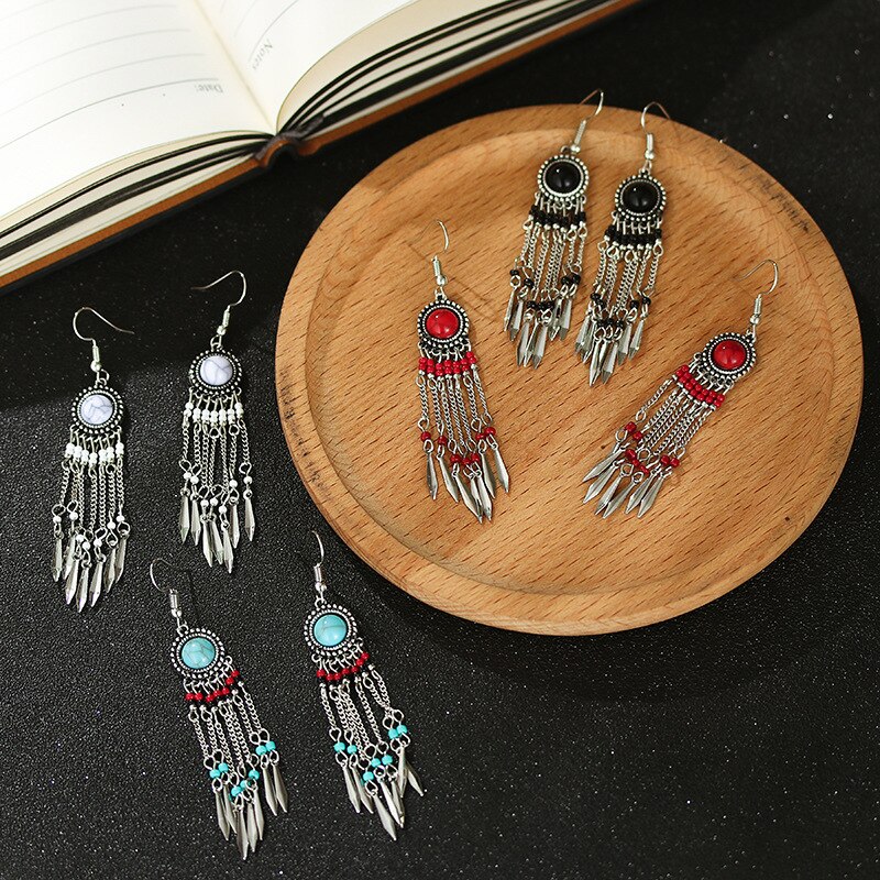 Boho Jewelry Long Chain Tassel Dangle Earrings Brincos Stone Beads Female Earrings Silver Color Jhumkas indian Unique Jewellery