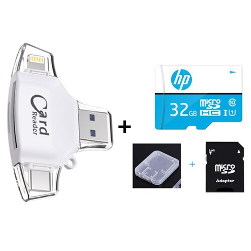 Lector de tarjetas Micro SD 4 en 1 tipo C, adaptador Lightning para iPhone, Android, iPad, MacBook, USB, OTG, extensión de teléfono: White n 32GB TF Card