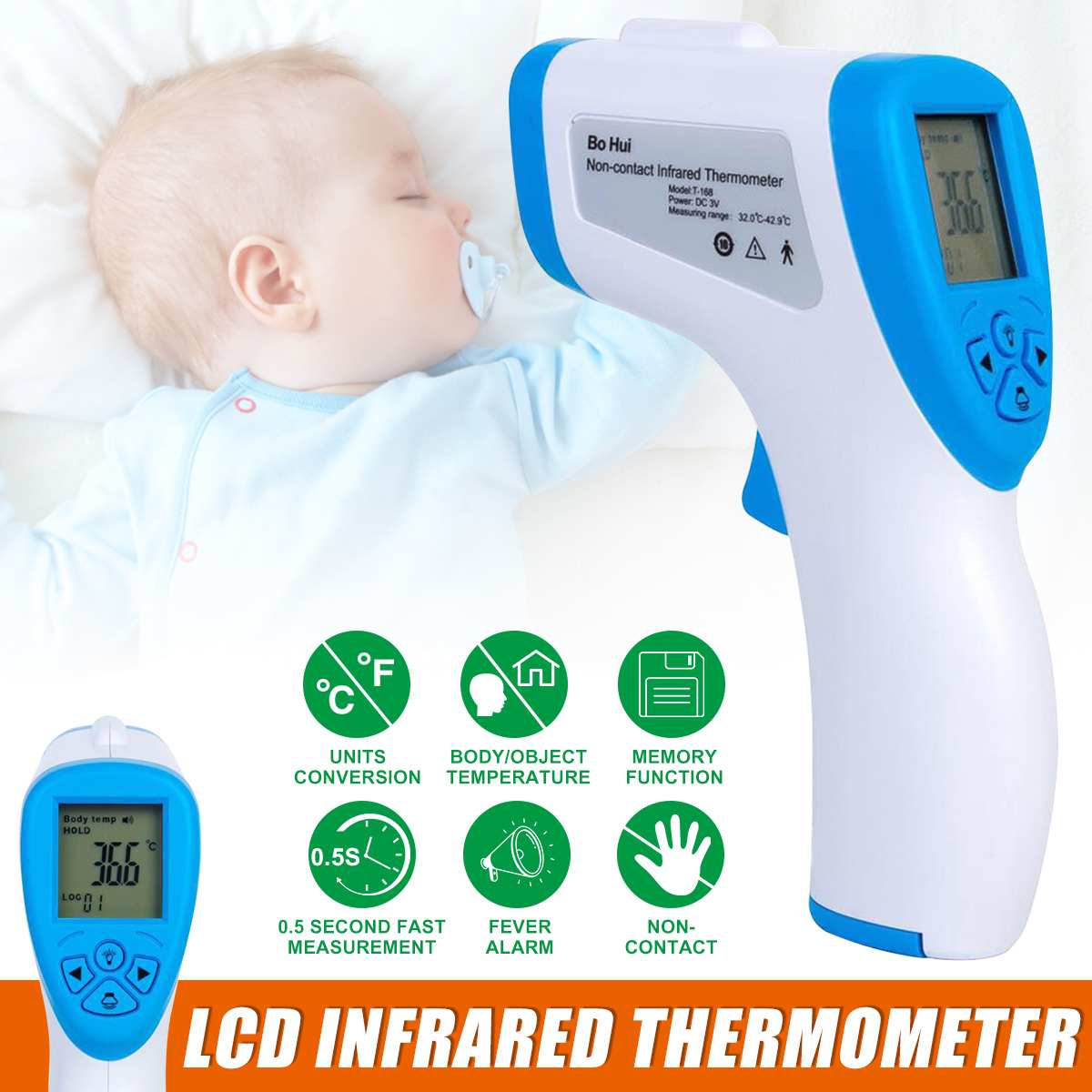 Non-Contact LCD Digital Infrared Thermometer Body/Object Temperature Measurement Fever Alarm for Kids & Adults