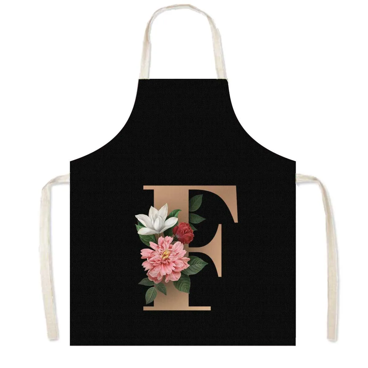 Delantal de cocina con estampado de flores y 26 iniciales, delantales de cocina con letras de A-Z para mujer, Chef de barbacoa, camarero, herramienta de limpieza para hornear en casa, delantal