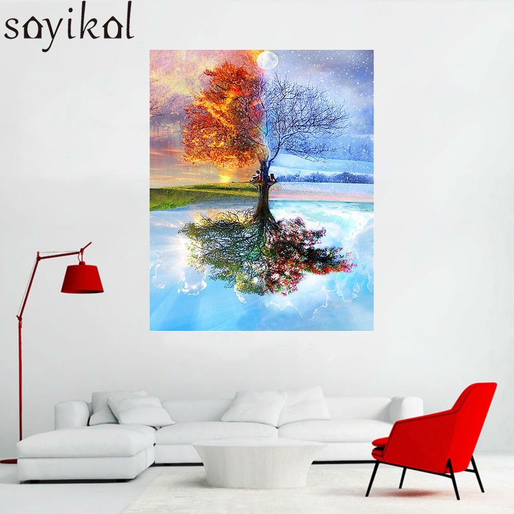 Oil Painting Frame Four Seasons Tree Landscape DIY Painting By Numbers Kit Paint On Canvas Painting Calligraphy For Home Decor