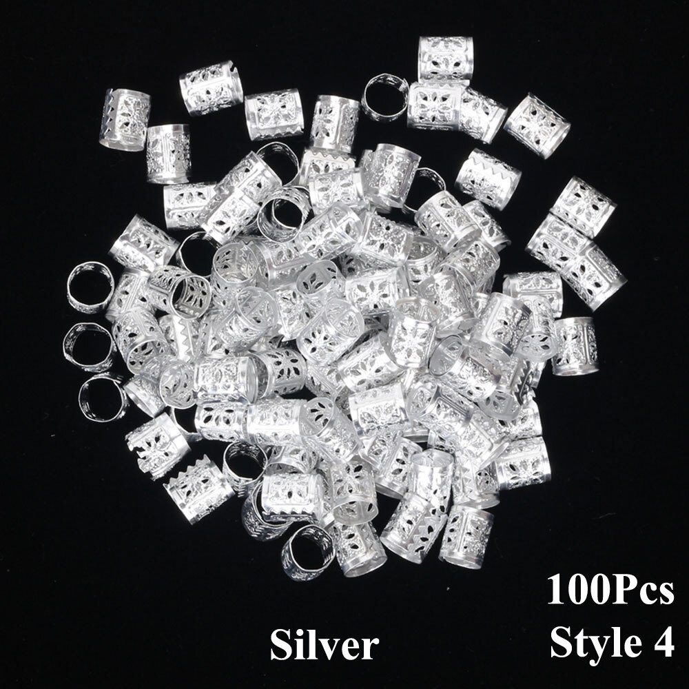 100 unids/lote de anillos para el cabello chapados en oro y plata para trenzas, cuentas ajustables para el cabello, trenza de Metal, accesorios de joyería para el cabello para trenzas: style4 silver