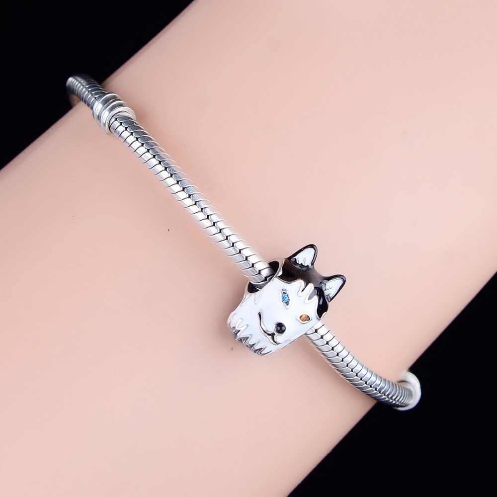 Pulsera con abalorio de plata de ley 925 para mujer, pulsera con cuentas de ojo de circonia, para perros Husky, para hacer Berloque, Original,