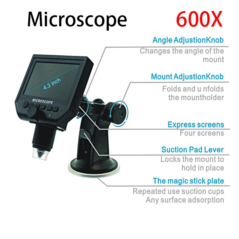 Adjustable 600X Electronic USB Microscope Digital Soldering Video Microscope Camera 4.3 inch LCD Endoscope Magnifying Camera