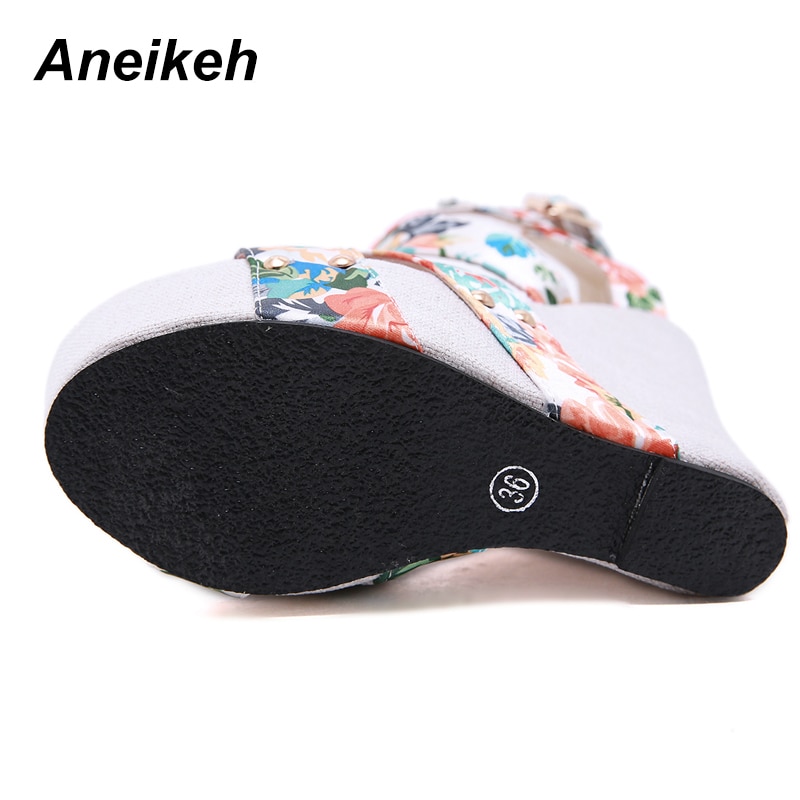 Aneikeh Vrouwen Wiggen Sandalen Zomer Platform Sandalen Hoge Hakken Schoenen Enkelbandje Print Schoeisel Dames Sandalen Pompen