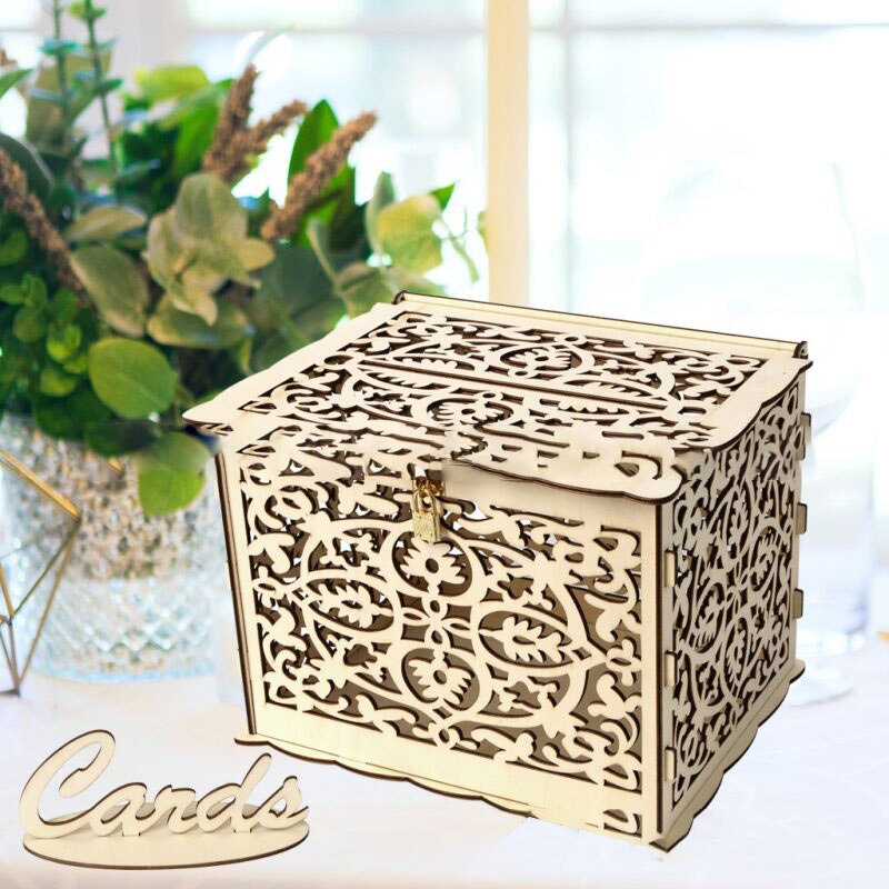 1PC Wedding Card Boxes Wooden Box Wedding Supplies DIY Couple Flower Pattern Grid Business Card Wooden Box S/L
