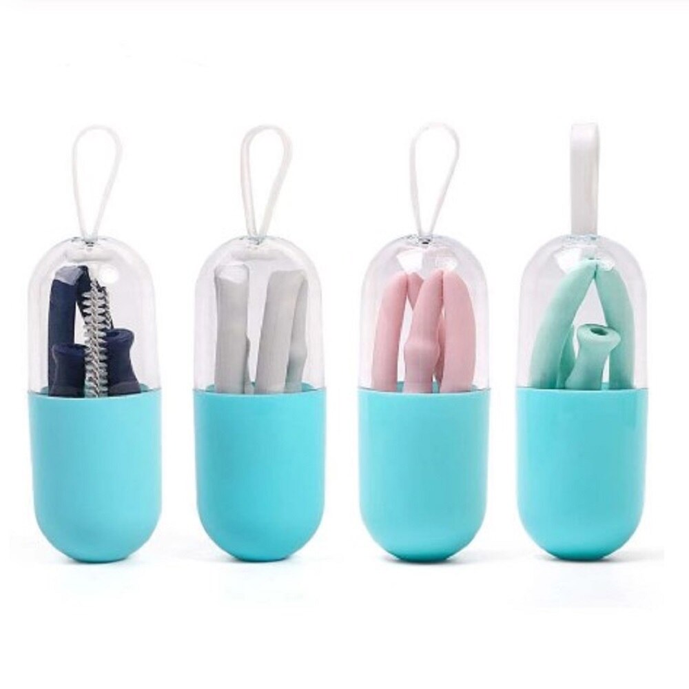 Cannuccia pieghevole pieghevole in silicone cannuccia riutilizzabile con custodia per il trasporto e spazzola per la pulizia per bevande da viaggio per l'casa ufficio