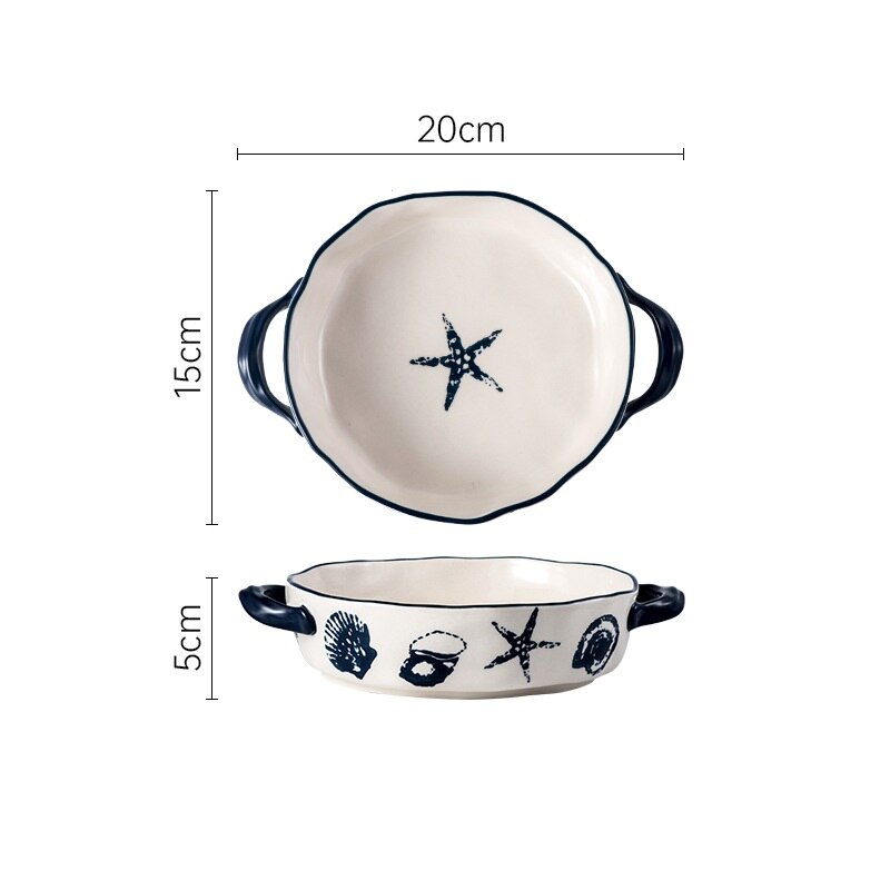 Nordic Ocean Style Ceramic Plates Set Baking Pan Household Dishes Binaural Square Round Cheese Baked Rice Bowl Retro: 8 inch plate
