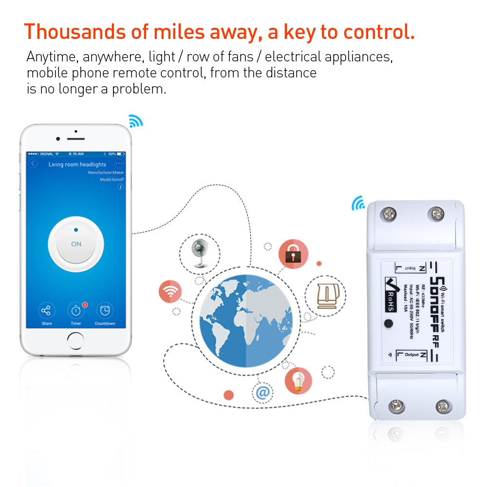 Itead sonoff rf smart home wifi trådløs switch automatisering relæmodul timer gør-det-selv fjernbetjening  ac 90-250v 220v 433 mhz