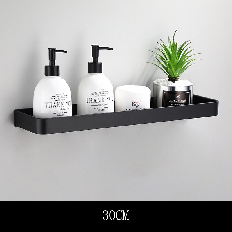 Badeværelseshylde sort plads aluminium enkeltlags rack bad shampoo holder vægmonteret køkken stroage hylde med håndklæde bar krog