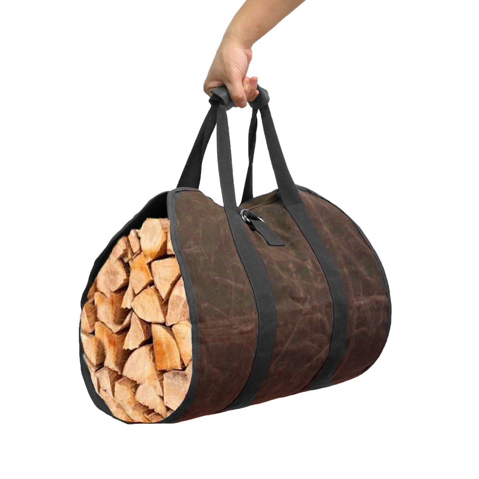 40# Canvas Waxed Firewood Fireplace Carrying Bag, Outdoor, With Wooden Handles Wood Carrier For Fireplace Waxed Canvas Bag