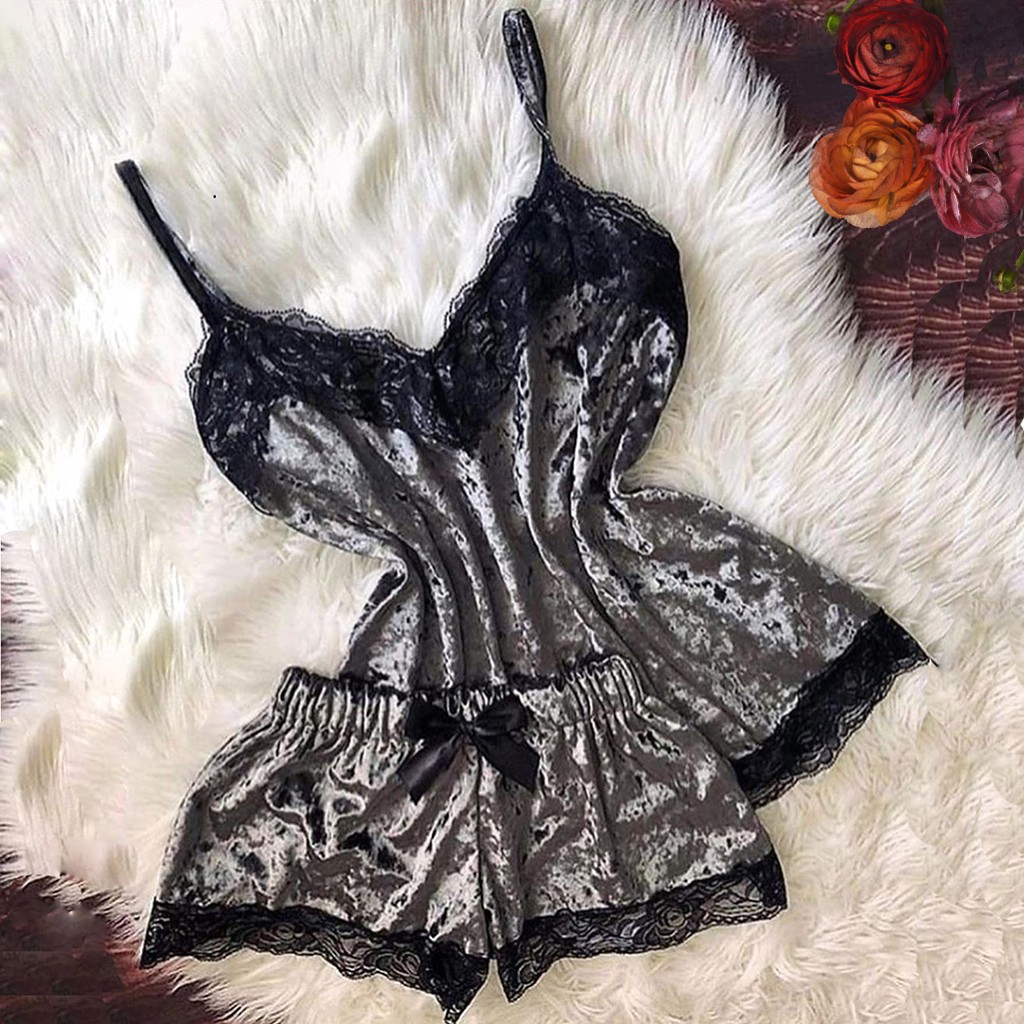 Sommarpyjamas kvinnor sammet rosett sovplagg ärmlös rem nattplagg spetskant cami topp pyjamas set femme sexiga underkläder