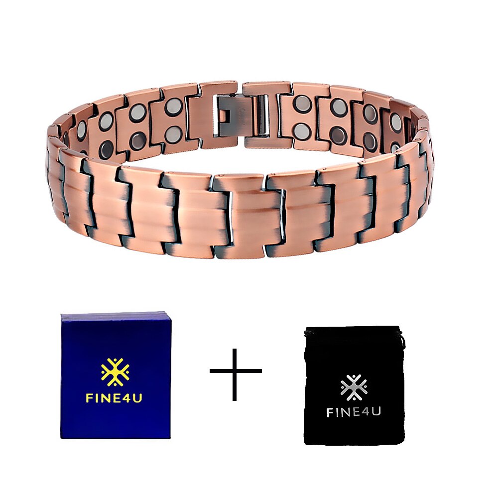 FINE4U B376 Vintage 99.99% Pure Copper Magnetic Bracelet for Men Double Raw 3500Gauss Magnet Health Energy Bracelets Wrist Band: Copper3