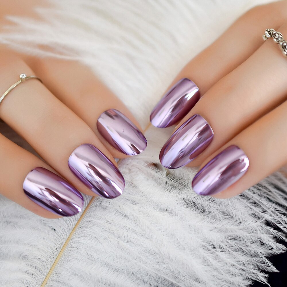 24pcs Zilver Medium Kunstmatige Volledige Gebogen Nail Metal Oval Meisjes Nep Nagels Spiegel Koele Valse Nagel Met Lijm Sticker: L5033