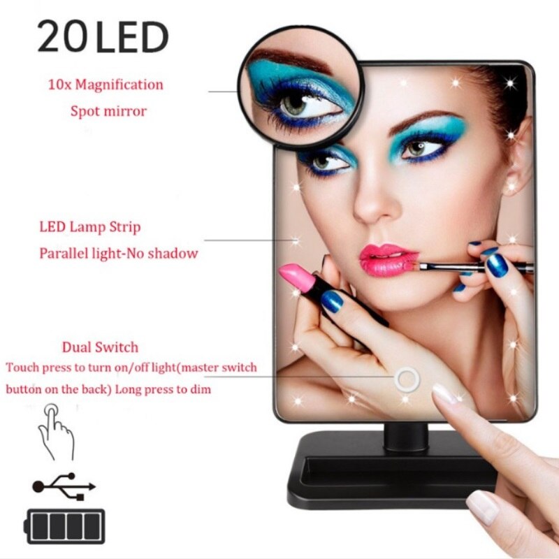 Altavoz Bluetooth maquillaje LED espejo iluminado de mesa de cosméticos espejo de vanidad con 20 Pantalla táctil ajustable 10X lupa