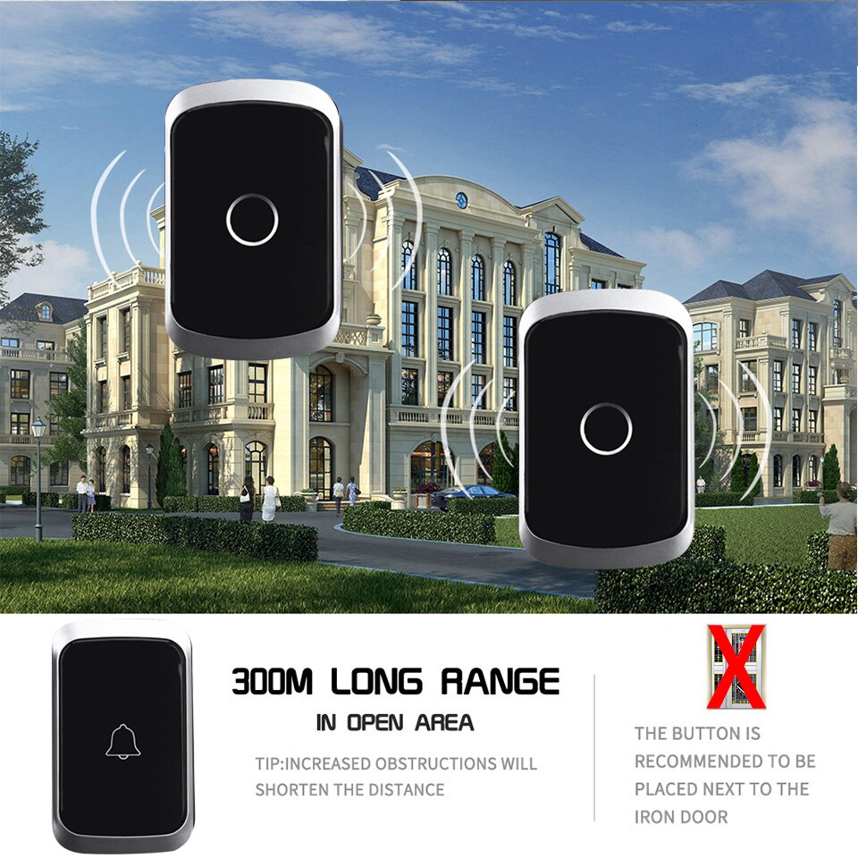 Wireless Waterproof Doorbell 300M Remote US EU UK AU Plug LED Flash Home Cordless Calling Bell Chime 1 Button 6 Receivers