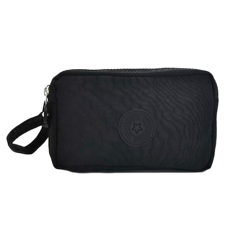 Nueva cartera de lona para mujer, bolso de teléfono móvil informal de Color sólido, bolsa de mano Horizontal con cremallera de tres capas, billeteras estándar para mujer: Black