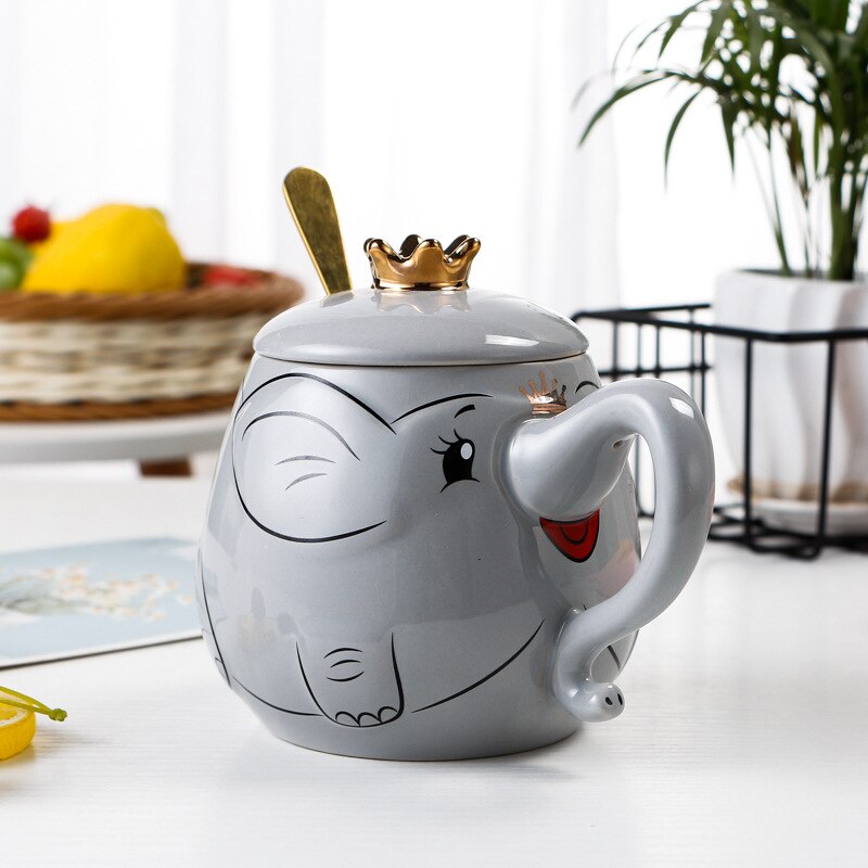 Cartoon Stereo Relief Elephant Ceramic Coffee Mug With Lid Spoon Home Office School Milk Tea Water Mugs Drinkware Cup: 1