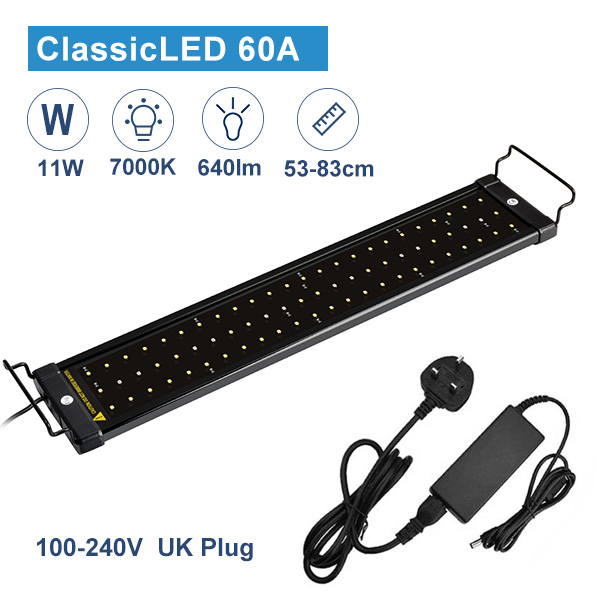Nicrew 53-83cm Aquarium LED Lighting Fish Tank Light Lamp with Extendable Brackets 60 White and 12 Blue LEDs Fits for Aquarium: UK plug