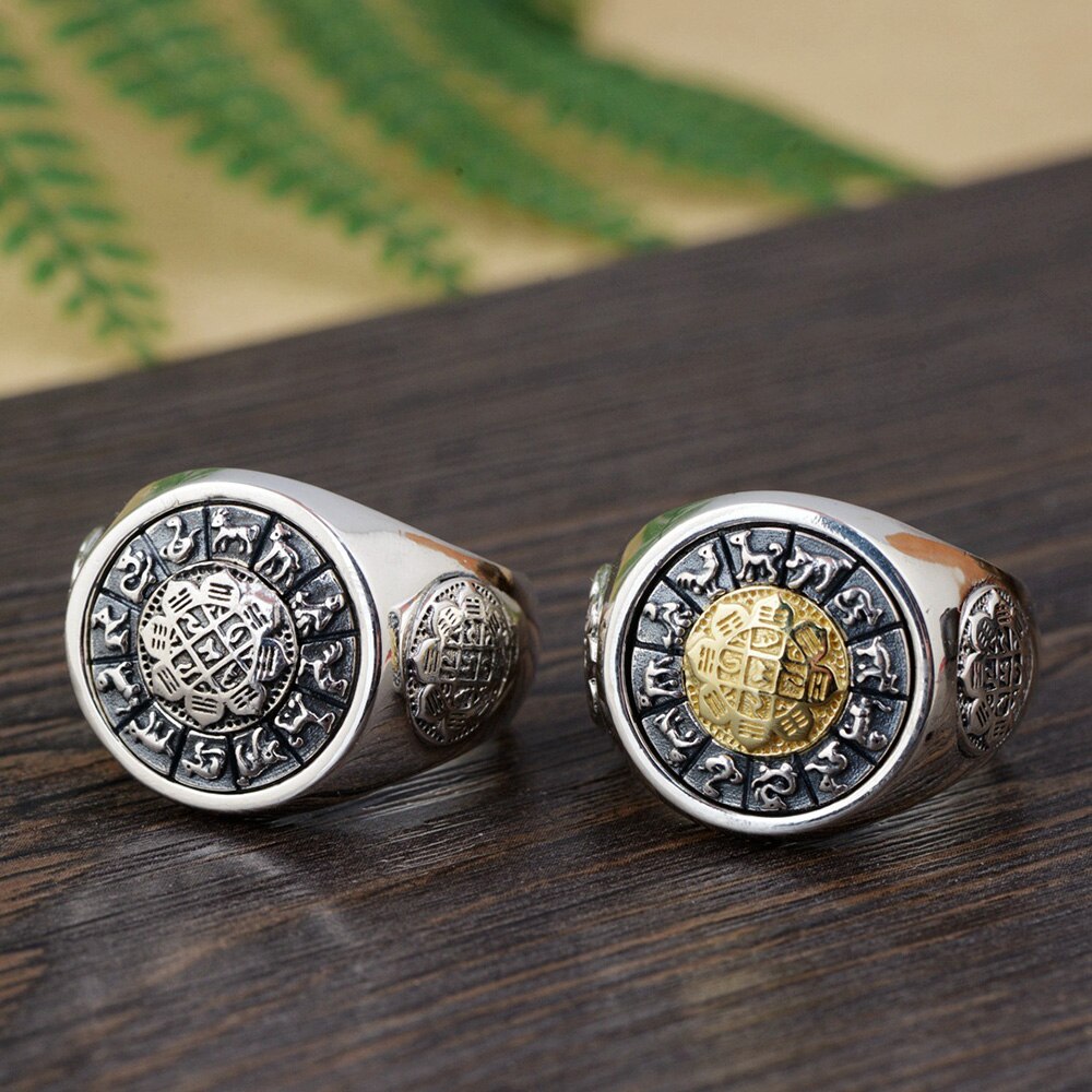 Vintage 925 Sterling Silver Jewelry Exaggerated Large Mens Rings Rotatable Jiugong Bagua Twelve Chinese Zodiac Signs