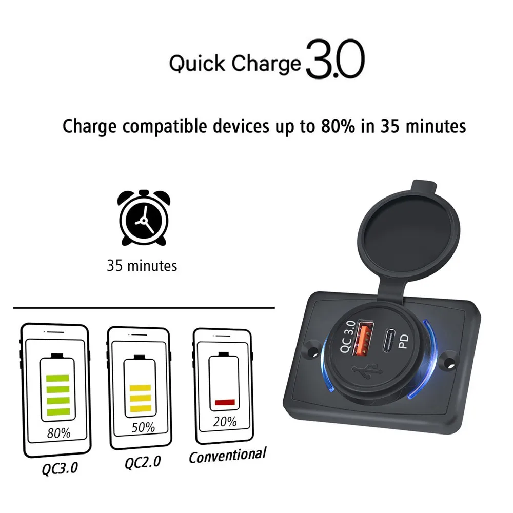 Cargador Usb Pd Qc 3,0 de carga rápida con cubierta, cargador Usb con luz Led de carga rápida resistente al agua de 38W para coches, barcos, autobuses y vehículos recreativos