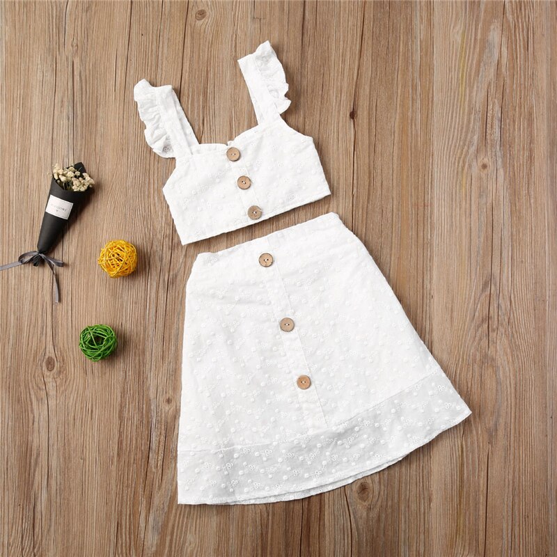 Toddler Kids Baby Girls Top senza maniche bianco T-shirt con volant bottoni gonne abiti estivi set 2 pezzi estate