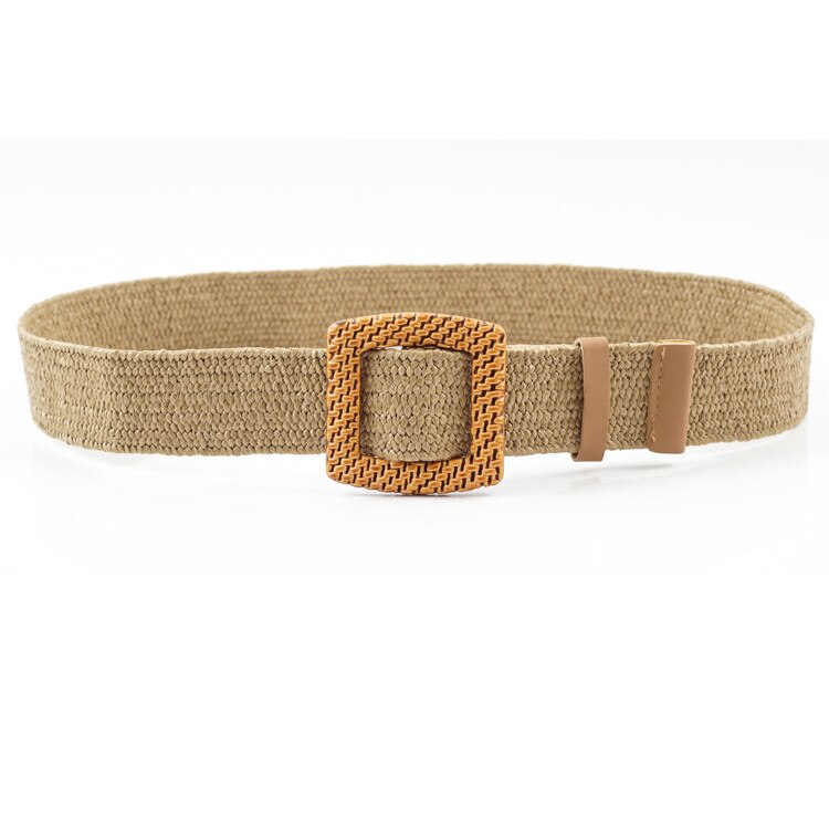 Female Knitted Wax Rope Wide Elastic Belt Women Vintage Square Big Pin Buckle PP Straw Handmade Black Waist Belt BL592: khaki