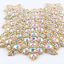 (3 stks/partij) Bling Gold AB Crystal Rhinestone Applicaties Patch -Fix Kralen Applique Trim Voor Meisje Hoofdbanden jurk