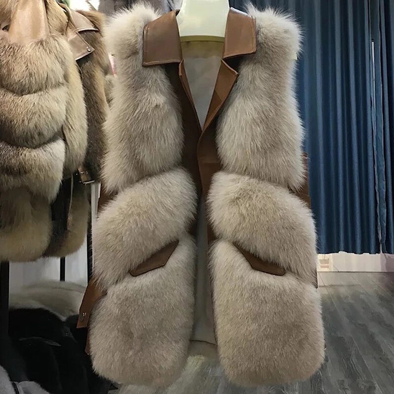 Drehen Unten Kragen Faux Pelz Westen Frauen Elegante Patchwork Künstliche Mäntel Frauen Taschen PU Leder Westen Damen