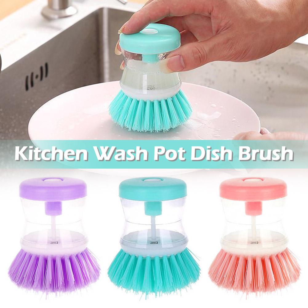 Cepillo para lavar platos y ollas de cocina con dispensador de llenado de líquido al presionar no daña la sartén, dispensador automático de cepillo de limpieza