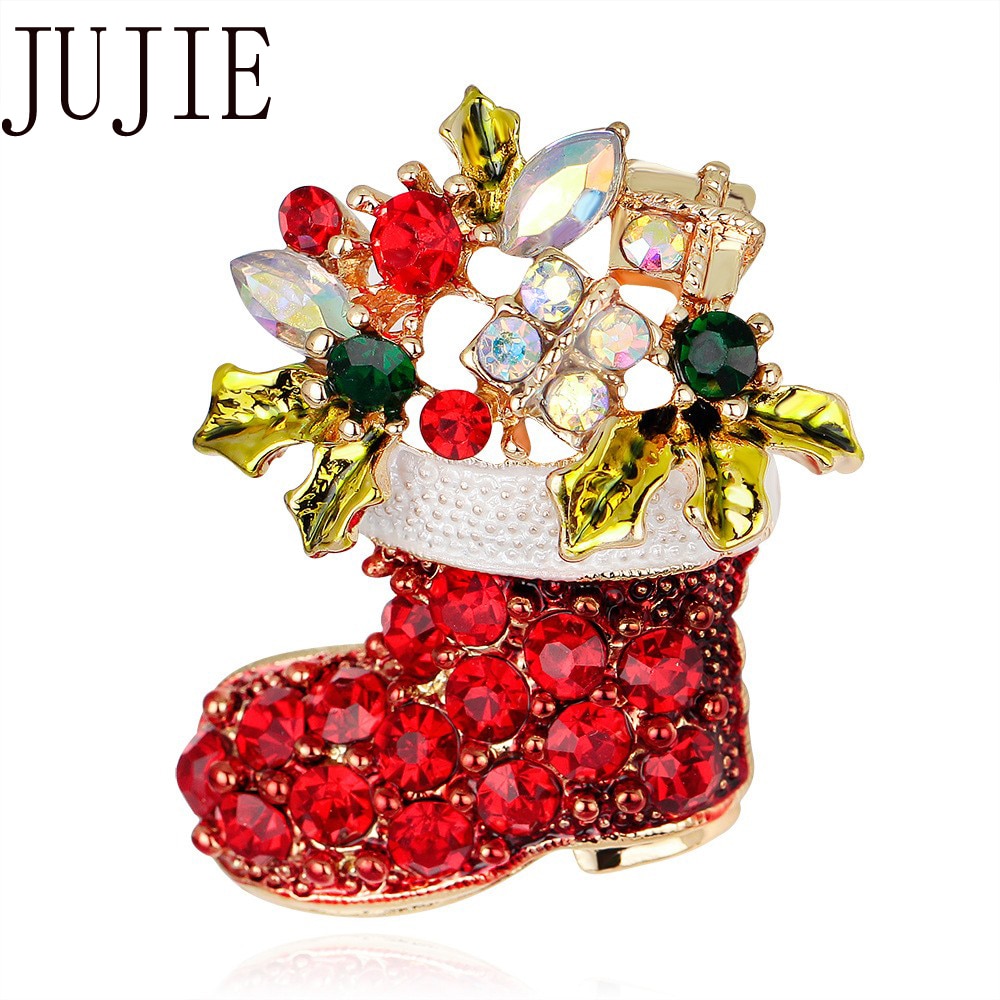 JUJIE Christmas Shoes Brooches For Women Female Red Enamel Boots Pins Jewelry