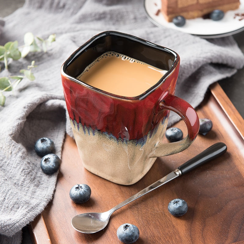 Flow Glaze Square Coffee Mug With Spoon and Lid Retro Tea Cup Simple Household Matte Color Ceramic Milk Water Cup