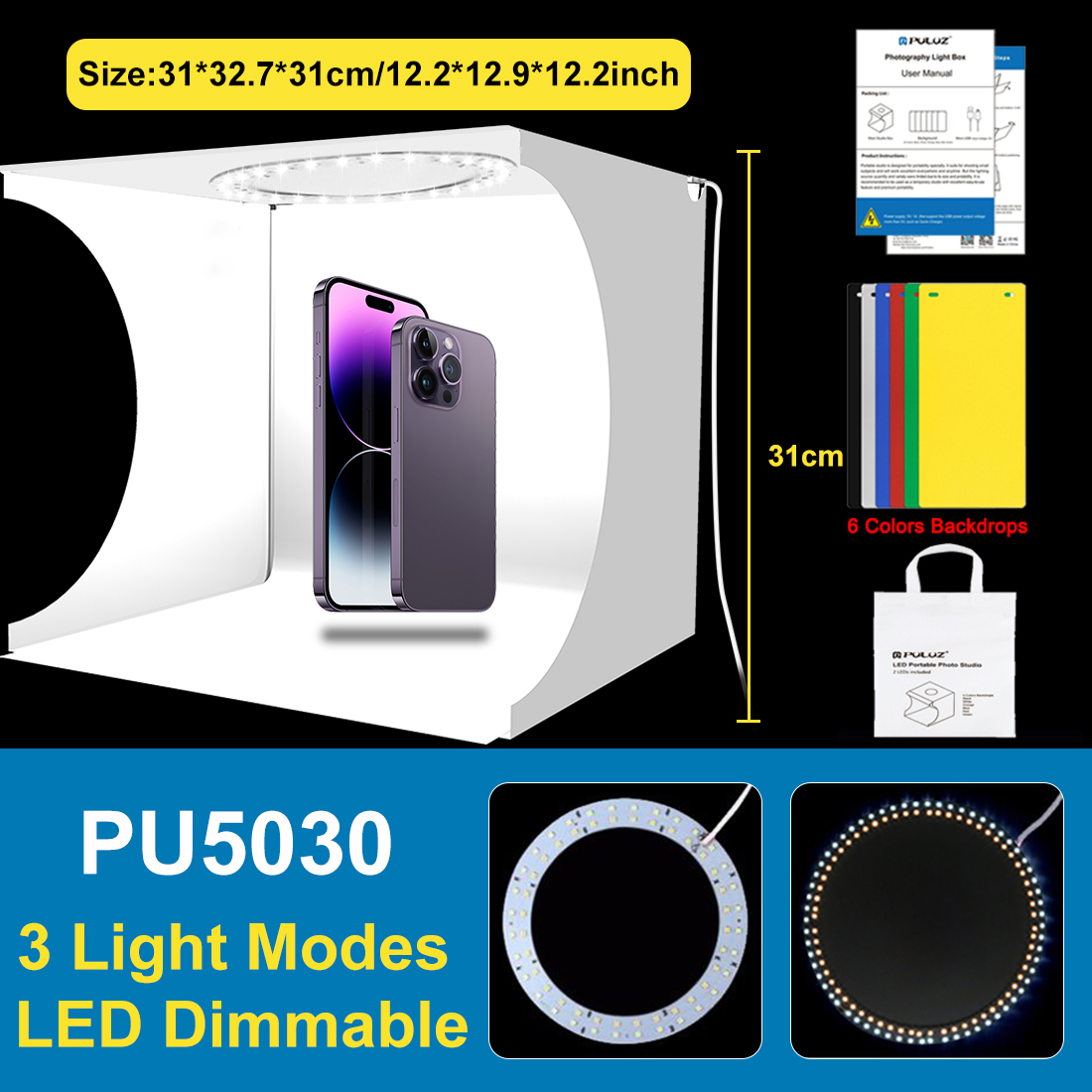PULUZ Folding Lightbox Tabletop Light box Mini Photo Studio Box Photography Light Studio Shooting Tent Box Kit&6 Color Backdrops: Blue
