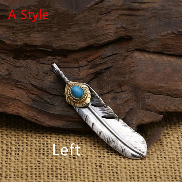 Goro‘s Takahashi 925 Sterling Silver Natural Stone Turquoise Feather Necklace Pendant for Men Women fine jewelry GP35: A left