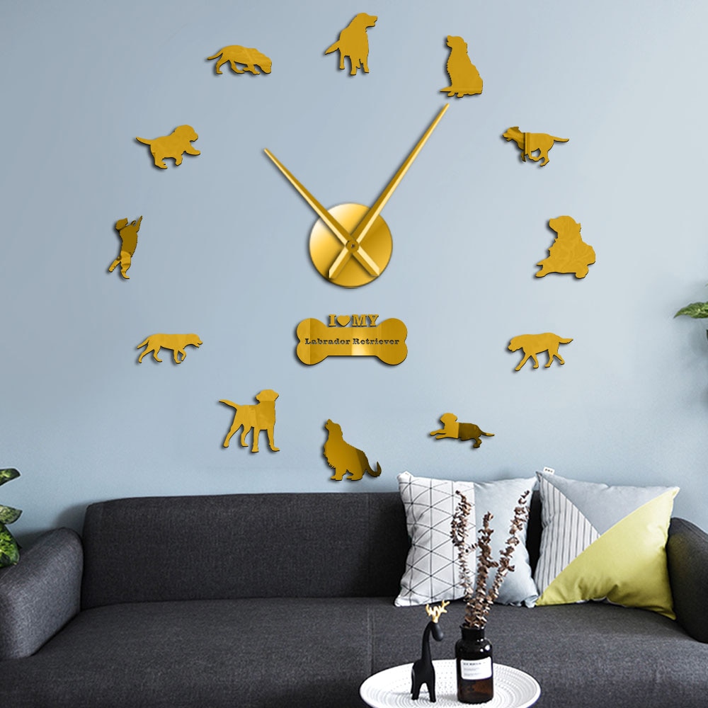 The Labrador Retriever Large Frameless Silent Wall Clock Dog Breed DIY Wall Art With Mirror Acylic Sticker Mirror Effect Sticker