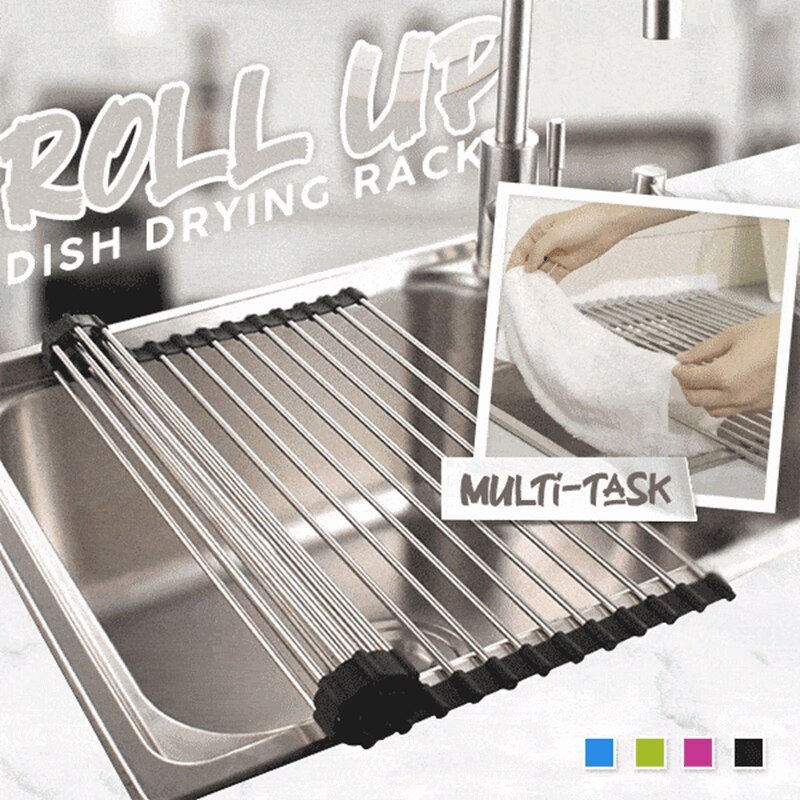 Kitchen Sink Rack Dish Drying Rack Foldable Roll-up Sink Draining Rack Stainless Steel Household Magic Rolling Sink Stand Black
