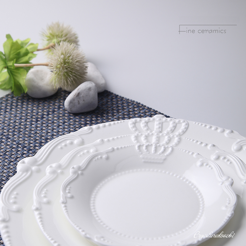 Juego de 3 piezas de porcelana blanca en relieve, 6 + 8 + 10 pulgadas, de corona, juego de platos de cerámica para cena, platos para servir de boda