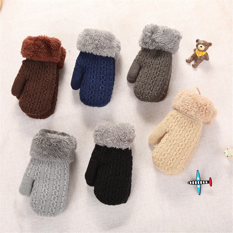 Baby Winter Knitted Warm Gloves With Rope Children Kids Infants Patchwork Outdoor Mittens Wool Plush Thick Gloves