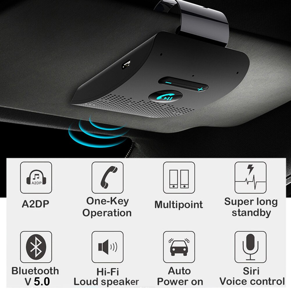 Speaker Music Player Car Bluetooth Handsfree Kit V5.0 Bluetooth Wireless Audio Receiver Speakerphone Sun Visor Clip