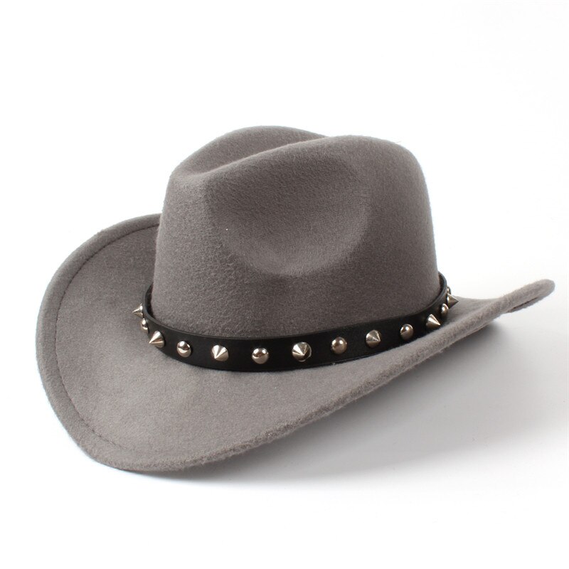 Damer uldfilt vestlig cowboyhue med sammenrullet bred kant gentleman lady jazz cowgirl punk nittebælte sombrero caps  c18: Grå