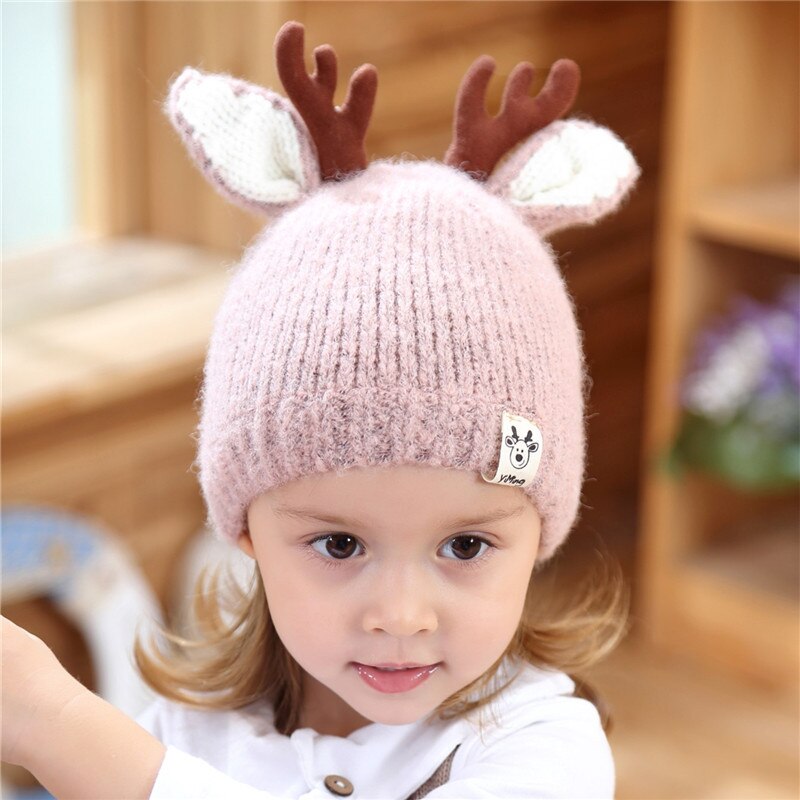 Gorrito de Reno para bebé, sombrero tejido al Crochet suave y cálido, de Navidad para niños y niñas: Rosa