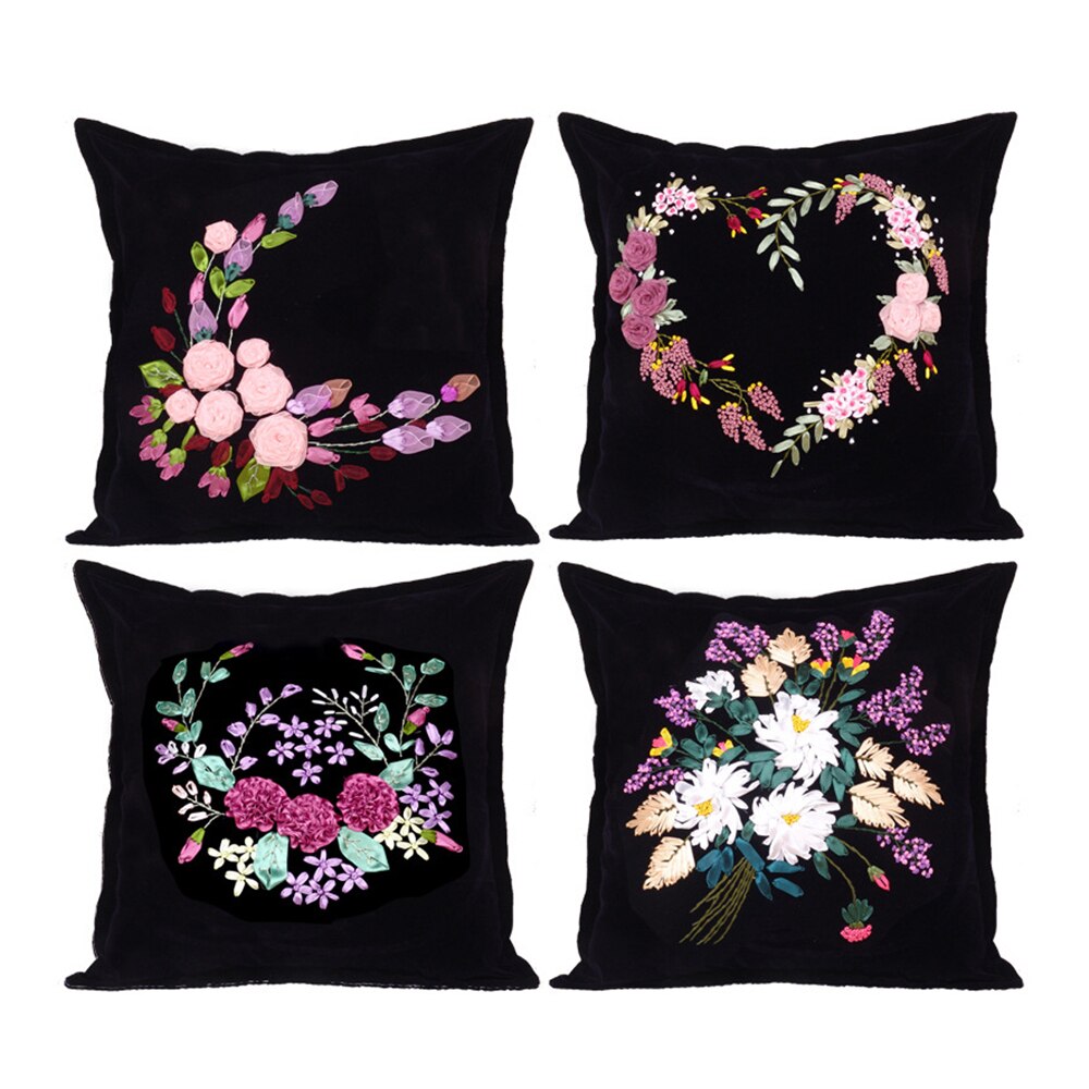 Flower Patterns Hand Embroidery Pillow Case Pillowcase DIY Ribbon Stitch Kit Supplies Decorative Arts Reduced Pressure Pastime