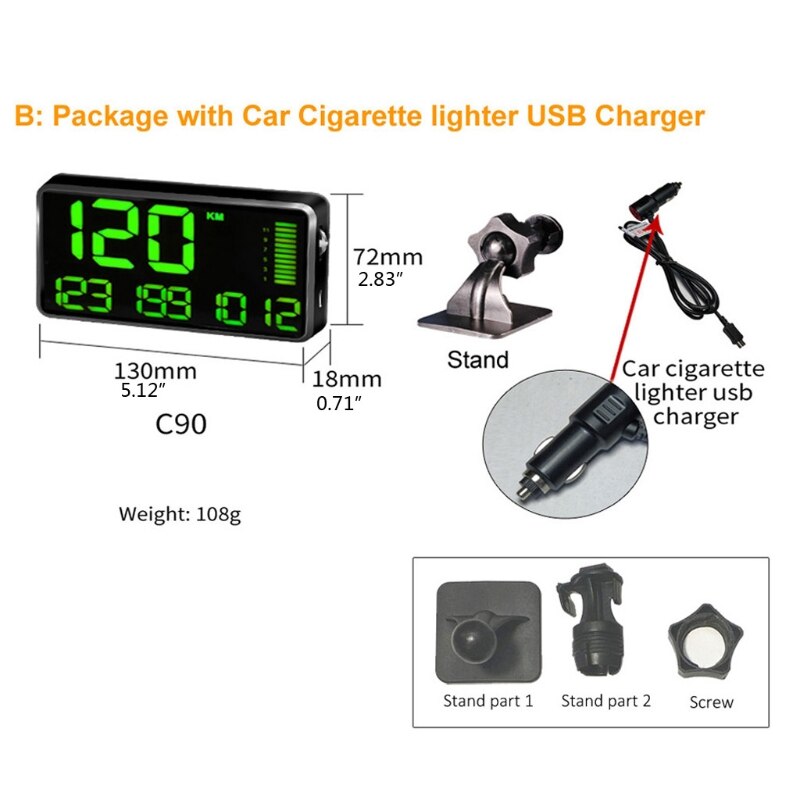 C90 Car HUD Head Up Display GPS Speedometer Speed Display KM/H MPH For Car