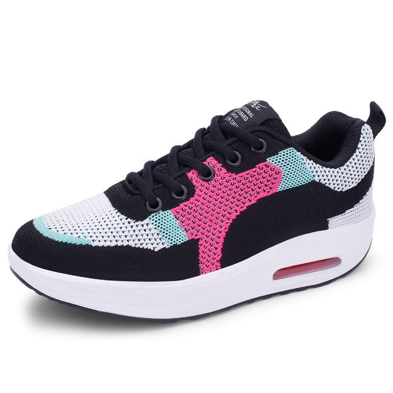 Women Air Mesh Lace Up Shoes Height Increasing Rocking Shoes Toning Sports Wedge Sneakers Platform chaussures de fitness femme: Pink / 5