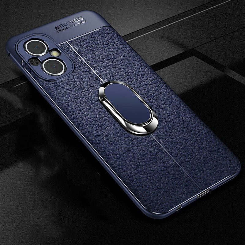 Lederen Textuur Case Voor Oppo Reno 7Z Case Soft Tpu Metalen Ring Case Voor Oppo Reno7 Z 5G Telefoon case: Blue